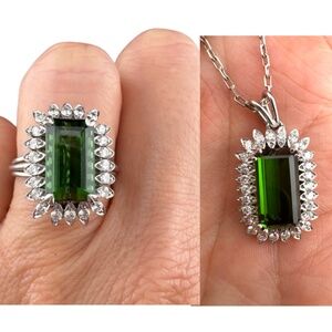 Natural Green tourmaline and Dia Ring & Pendant SET, 6.77ctw, 18k wg, $12,100k